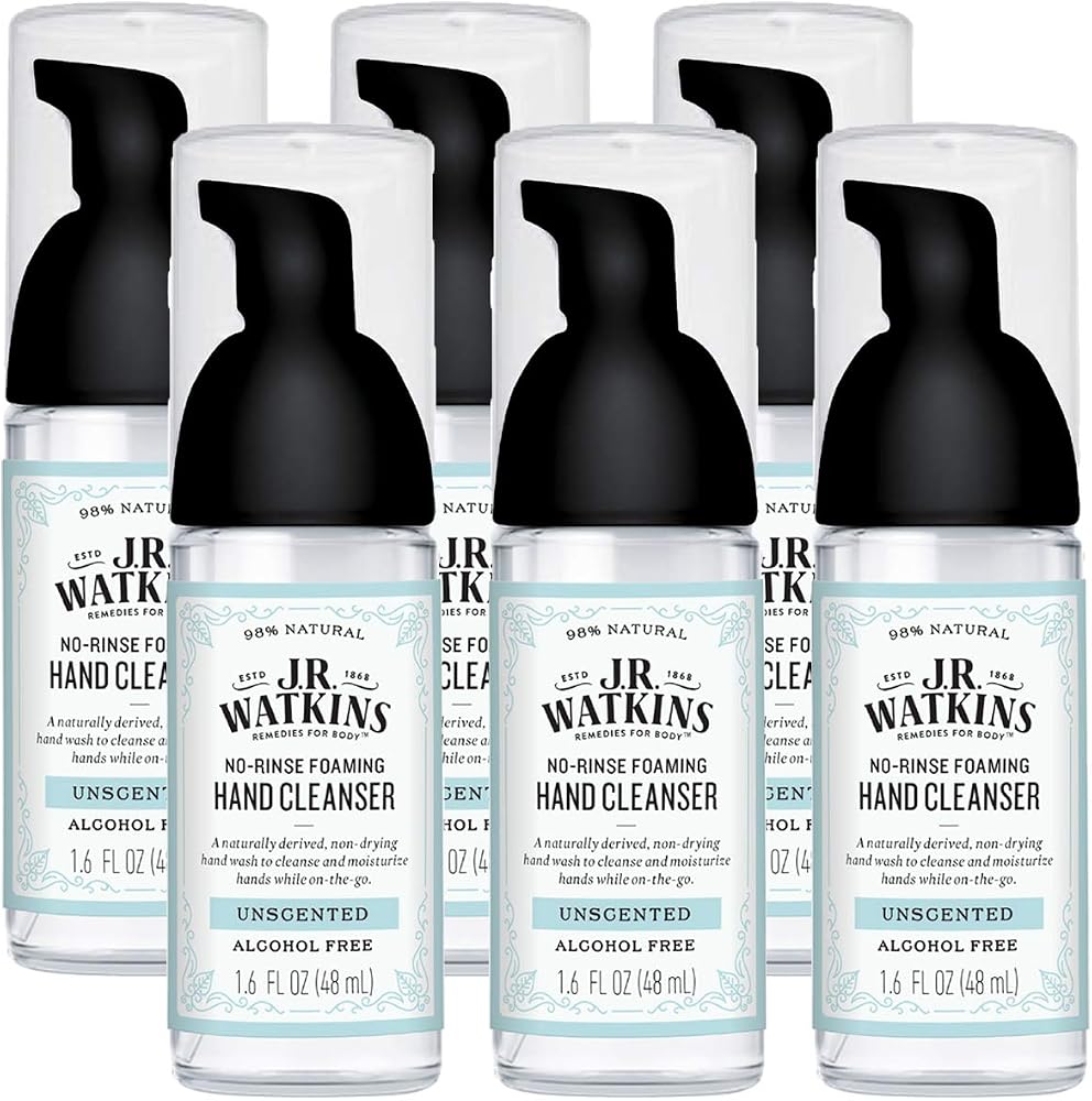 J.R. Watkins No-Rinse Foaming Hand Cleanser – Hand Soap in Pump Dispenser – Bathroom & Kitchen Foam Cleaner – All Natural, Alcohol Free, Unscented, 1.6 fl. Oz., Single