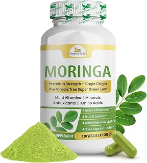 Organic Veda Moringa Capsule 1000mg - True Green Pure Organic Moringa Leaf Superfood - Vitamins & Antioxidants Dense Miracle Tree Powder for Energy, Digestion, Brain & Skin Health - 120 Vegan Capsule