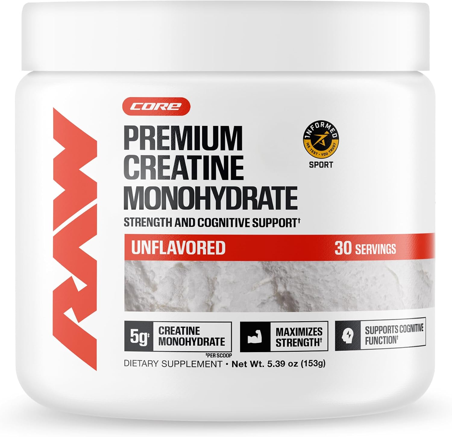 RAW Nutrition Creatine Monohydrate Powder, Unflavored, 30 Servings