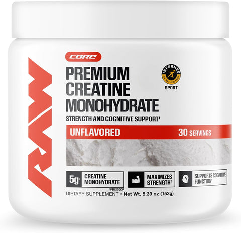 RAW Nutrition Creatine Monohydrate Powder, Unflavored, 30 Servings