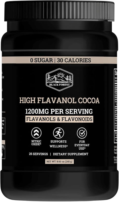 Black Forest High Flavanol Cocoa Powder - 1200mg Flavanols & Flavonoids with 600mg Epicatechin - 10X Concentrated Dark Cocoa Extract for Nitric Oxide and Wellness Support - Non-GMO Vegan