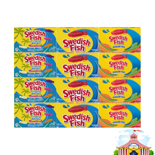 Generic Soft and Chewy Variety Pack Candy, 3 Flavors: Assorted, Mini Tropical, Red, Theater Size Boxes, 4 Each Flavor, 12 Pack, Swedish Fish Candy – Perfect for Snacking, Parties, Movies, and Gifting