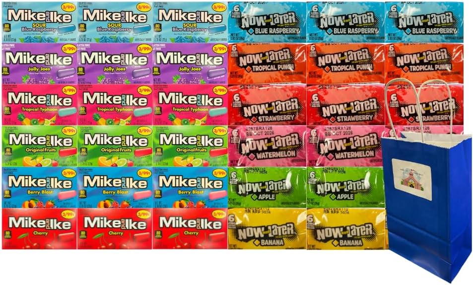 Bulk Assorted Chewy Candy Mix 36 Pack – 6 Mike and Ike & 6 Now and Later Flavors, Individually Wrapped, Party Favors, Snack Bags, Candy Gift Packs with Blue Paper Treat Bag 5.25x3.2x8 Inch