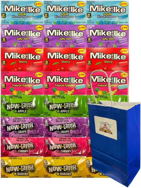 Assorted Candy Mix 24 Pack – 4 Mike and Ike, 4 Now and Later Flavors, 3 Each – Bulk Fruity Chewy Candy Variety for Parties, Snacking, Sharing – Includes Blue Gift Bags 5.25x3.2x8 Inch
