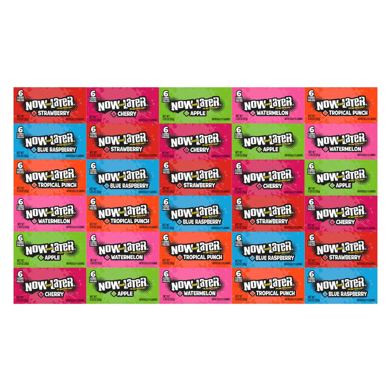 Variety Pack Now and Later Candy, 30 Individually Wrapped Pieces, 5 Each of Strawberry, Blue Raspberry, Tropical Punch, Watermelon, Apple, Cherry, 0.93 oz - Bulk Chewy Candies for Sharing or Snacking