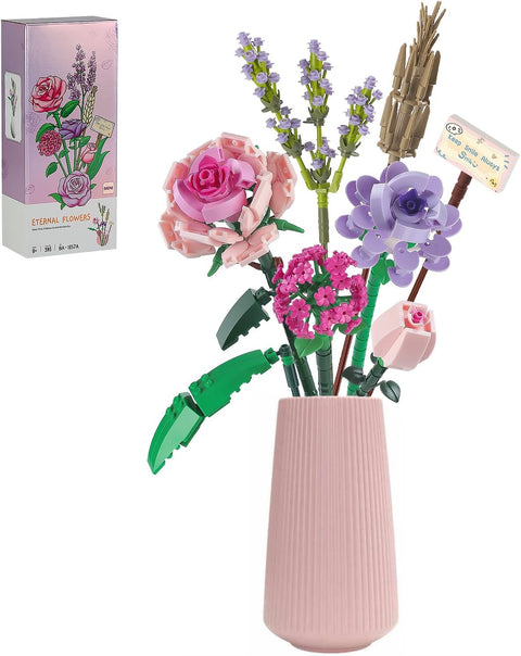 Flower Bouquet Building Blocks Sets for Adults Mini Pink Rose Lavender Botanical Toys Kits Valentines Mother's Day Birthday for Mom Women Her Girlfriends Kids 8+ 8-12 (393PCS)