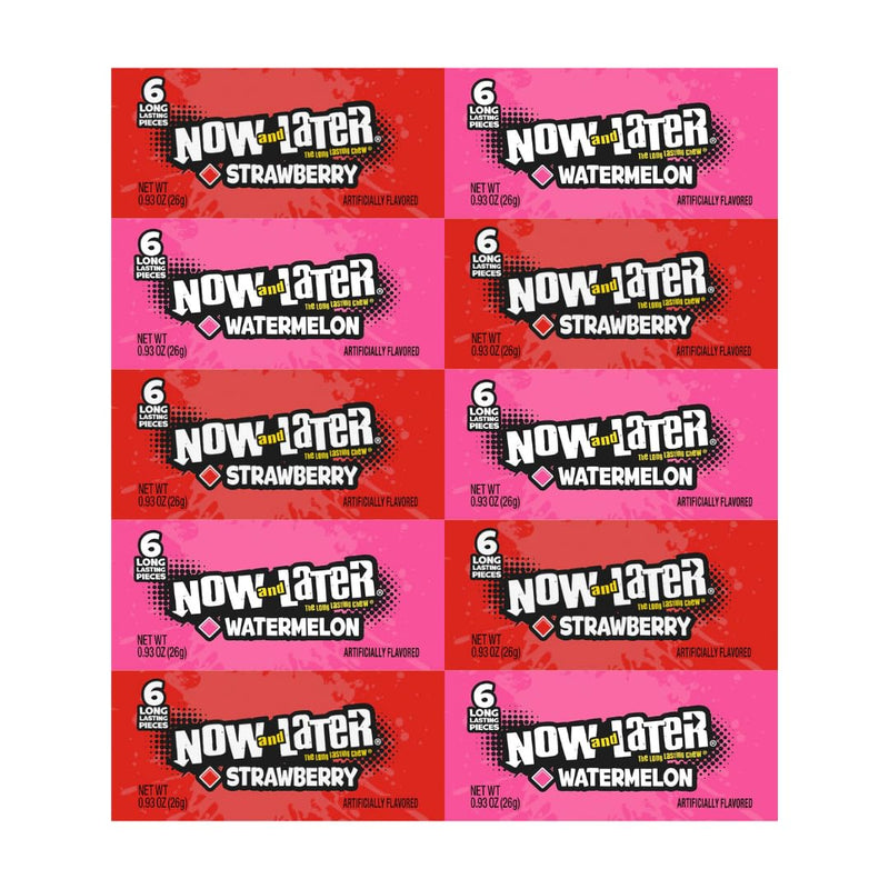 Variety Pack Now and Later Candy, Individually Wrapped Chewy Candy, Long-Lasting Strawberry and Watermelon Flavors, 10 Pack, Convenient 0.93 oz Packs for Snacking Anytime