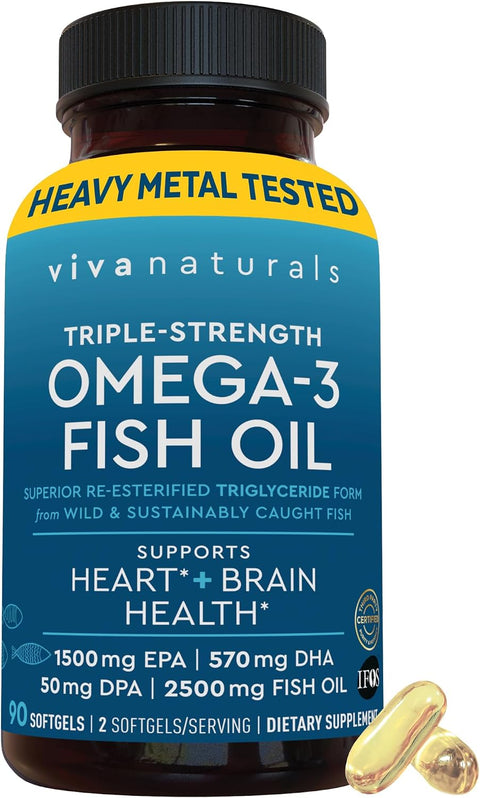 Viva Naturals Omega 3 Fish Oil Supplement for Men and Women – 2500 mg High-Potency Fish Oil per serving, Re-esterified Triglyceride Form, Pescatarian-Friendly DPA EPA DHA Omega 3 Supplement, 90 Softgels