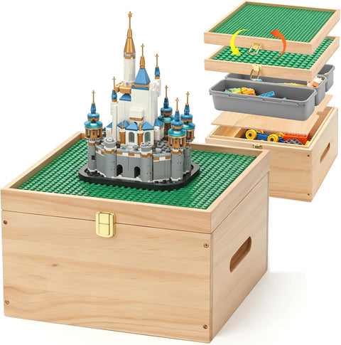 Wooden Storage Box for Lego with Dual-Sided Building Baseplate Lid, 5 Removable Bins, Natural Pine Toy Organizer Compatible with Classic Lego and Duplo Bricks for Building, Storage & Display