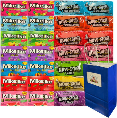 Assorted Fruity Chewy Candy Mix 28 Pack – 7 Flavors Mike and Ike & 7 Flavors Now and Later – 2 Each Flavor – Individually Wrapped – Party Treats, Gifts, Snacking – With Blue Paper Bag