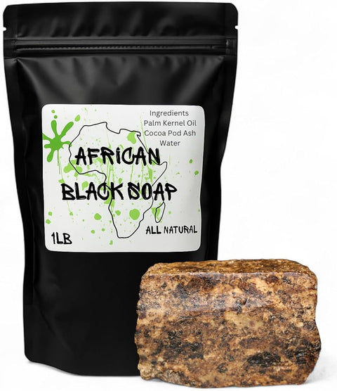 Traditional African Black Soap, Raw Organic Natural Soap Bar, 1 Pound, Handmade in Ghana with Palm Kernel Oil, Cocoa Pod Ash for Face, Body, Hair Care