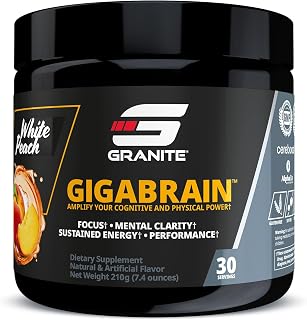 Granite Nutrition GigaBrain Energy Pre-Workout - Caffeinated Nootropic Powder with Cereboost, Alpha-GPC & ElevATP for Focus, Energy & Performance, White Peach Flavor (30 Servings)