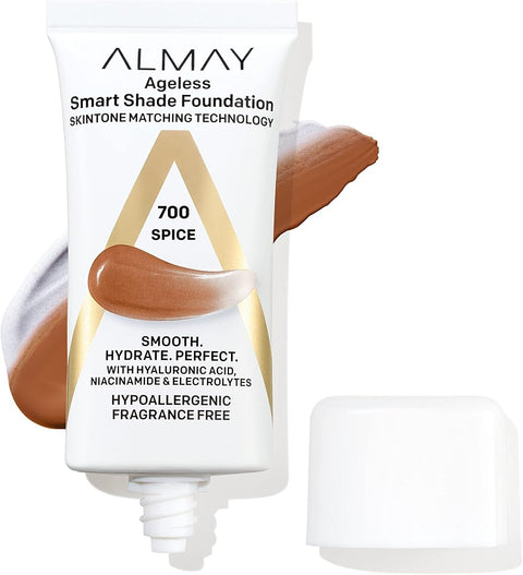 Almay Anti-Aging Foundation, Smart Shade Face Makeup with Hyaluronic Acid, Niacinamide, Vitamin C & E, Hypoallergenic-Fragrance Free, 700 Spice, 1 Fl Oz (Pack of 1)