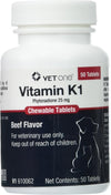 Vet One Vitamin K1 Chewable Tablets - Vitamin K1 for Dogs, Beef-Flavored Chewable Vitamins for Cats and Dogs (50 Tablets, Phytonadione 25mg)
