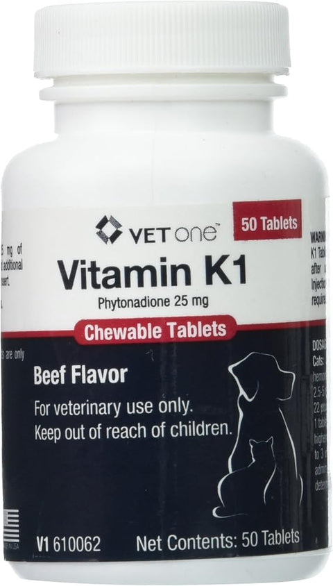 Vet One Vitamin K1 Chewable Tablets - Vitamin K1 for Dogs, Beef-Flavored Chewable Vitamins for Cats and Dogs (50 Tablets, Phytonadione 25mg)