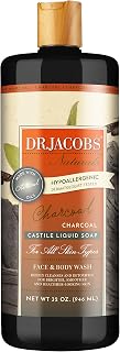 Dr. Jacobs Naturals Pure Castile Soap - Plant Based Face And Body Wash - Hypoallergenic and Dermatologist Approved (Charcoal, 32 Fl Oz ) - Personal Care