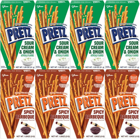 Baked Snack Sticks Variety Pack 8 Pack, Crunchy Savory Pretzel Sticks, 1.09 oz Individual Bags, Sour Cream & Onion and Spicy Barbeque Flavored On the Go Lunchbox Party Snacks