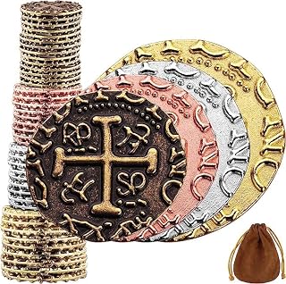 Large Metal Pirate Coins - 36 Bronze, Silver, Gold & Rose Gold Treasure Coin Set, Metal Replica Spanish Doubloons for Halloween Pirate Party Decorations & Favors, Tokens, Toys, Cosplay, Treasure Chest
