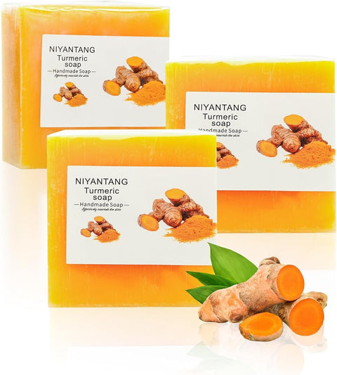 3 Packs Turmeric Soap Bar for Face & Body Cleanser, Organic Lemon Turmeric Soap with Vitamin C, Gentle Handmade Formula for Smoothing & Moisturizing Skin, Suitable for All Skin Types - 10.59 oz