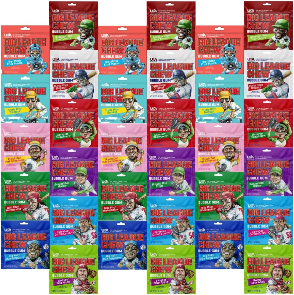 Variety Pack Big League Chew Bubble Gum, 33 Count, 2.12 oz Chewing Gum, Assorted Bulk Pack, Soft Shredded for Kids, Parties & Sharing