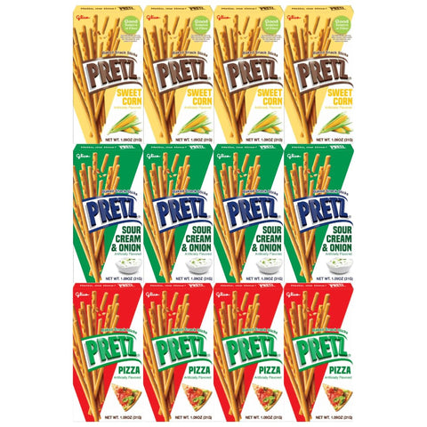 Variety Pack Sweet Corn Baked Snack Sticks Pretz - 3 Exciting Flavors: Sweet Corn, Pizza, Sour Cream & Onion - 1.09 Ounce, 4 Packs of Each Flavor - Total 12 Packs - Delicious and Crunchy Snack Sticks