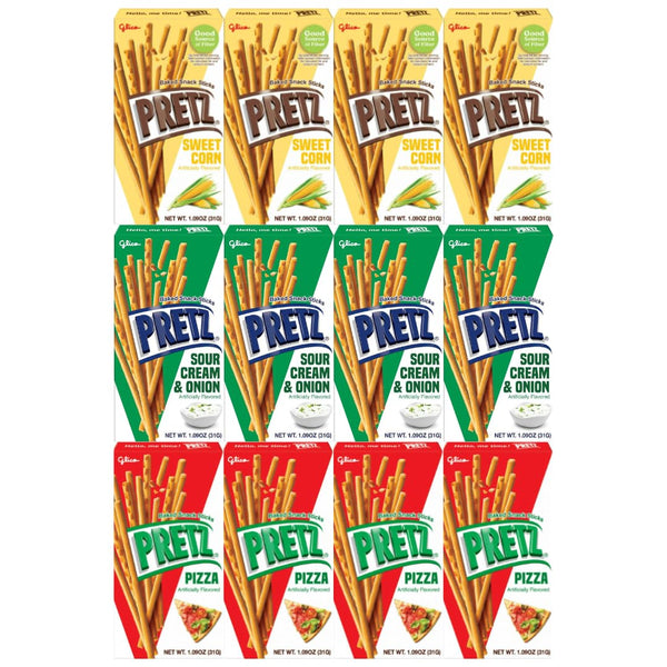 Variety Pack Sweet Corn Baked Snack Sticks Pretz - 3 Exciting Flavors: Sweet Corn, Pizza, Sour Cream & Onion - 1.09 Ounce, 4 Packs of Each Flavor - Total 12 Packs - Delicious and Crunchy Snack Sticks