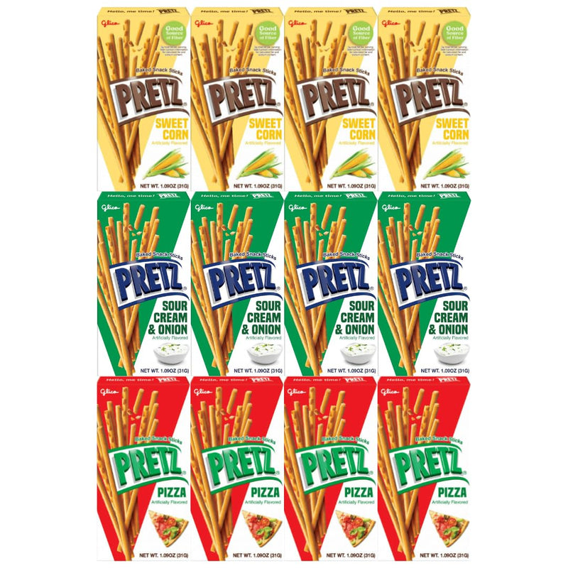 Variety Pack Sweet Corn Baked Snack Sticks Pretz - 3 Exciting Flavors: Sweet Corn, Pizza, Sour Cream & Onion - 1.09 Ounce, 4 Packs of Each Flavor - Total 12 Packs - Delicious and Crunchy Snack Sticks