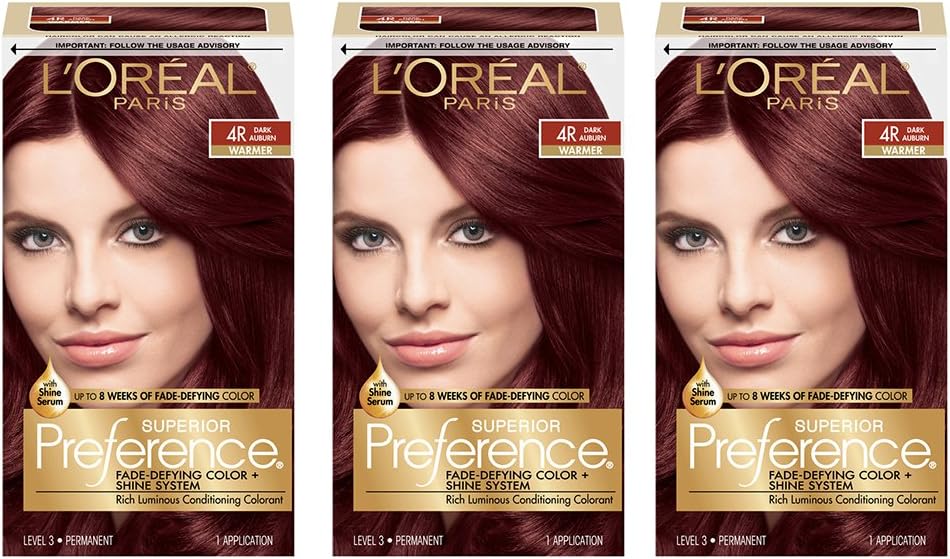 L'Oreal Paris Superior Preference Fade-Defying + Shine Permanent Hair Color, 4R Dark Auburn, Pack of 3, Hair Dye - Personal Care