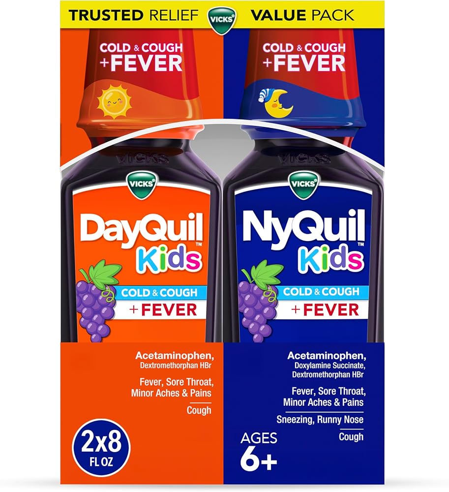 VICKS DayQuil and NyQuil Kids Grape Cold & Cough + Fever Multi-Symptom Relief Liquid Co-Pack, Specially Formulated for Kids Ages 6+, 2x8 OZ