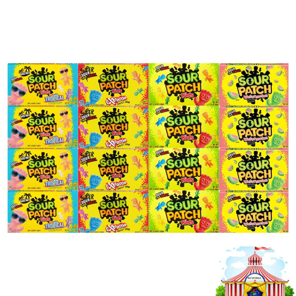 Variety Pack Soft And Chewy Sour Patch Candy – Tropical, Extreme, Original, Watermelon – 4 Each, 4 Flavors, 3.5 Oz, 16 Pack, Theater Size Boxes - Tangy, Fruity, Perfect For Parties, Snacks, And Gifting