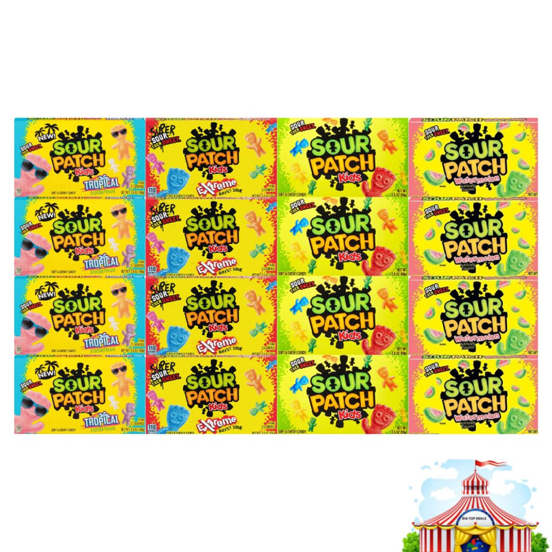 Variety Pack Soft And Chewy Sour Patch Candy – Tropical, Extreme, Original, Watermelon – 4 Each, 4 Flavors, 3.5 Oz, 16 Pack, Theater Size Boxes - Tangy, Fruity, Perfect For Parties, Snacks, And Gifting