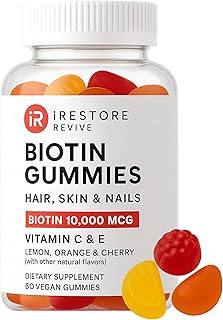 iRestore Biotin Gummies 10,000 mcg - 3 Natural Fruit Flavors, Hair Vitamins Multi Supplement for Hair Skin and Nails for Women & Men, 60 Vegan Gummies, 30 Day Supply