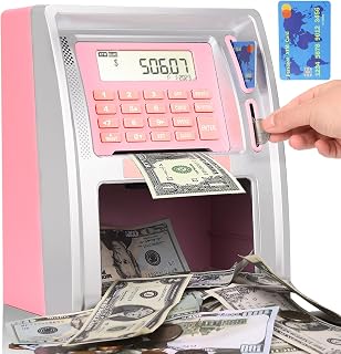 BKstar Kids Talking ATM Piggy Bank for Real Money with Dual Debit Cards, Power-Off Memory, Auto-Opening Drawer, Onekey Shutdown, Bill Feeder, Coin Recognition, Balance Calculator Machine