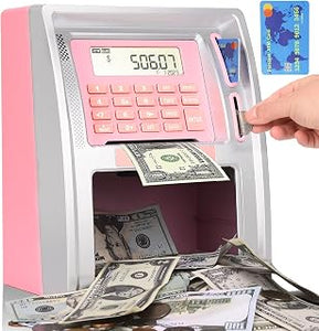 BKstar Kids Talking ATM Piggy Bank for Real Money with Dual Debit Cards, Power-Off Memory, Auto-Opening Drawer, Onekey Shutdown, Bill Feeder, Coin Recognition, Balance Calculator Machine