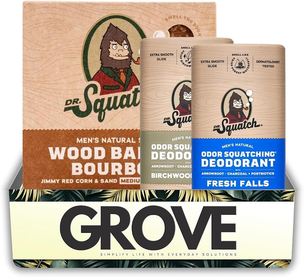 Dr. Squatch Soap Wood Barrel Bourbon Scent – Bundle with Dr Squatch Deodorant Fresh Falls and Birch Breeze – Odor-blocking formula with probiotics, and skin-nourishing moisturizers –Gift Set (4 Items)