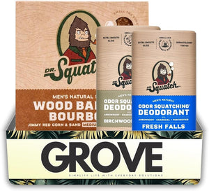 Dr. Squatch Soap Wood Barrel Bourbon Scent – Bundle with Dr Squatch Deodorant Fresh Falls and Birch Breeze – Odor-blocking formula with probiotics, and skin-nourishing moisturizers –Gift Set (4 Items)