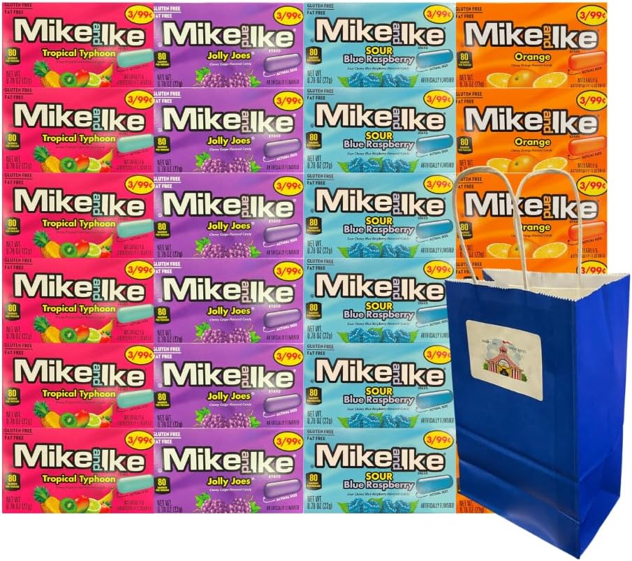 Big Top Deals USA Blue Paper Bag Candy Pack with Mike and Ike 0.78 oz 24-Count Assorted Flavors Including Tropical Typhoon, Jolly Joes, Sour Blue Raspberry, Orange - Bulk Candy Snack Bags