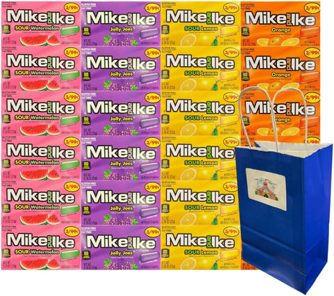 Big Top Deals USA Blue Paper Bag with Mike and Ike Assorted Candies, 0.78 oz, 24 Count Multipack – Bulk Variety Candy Snack for Parties, Kids, and On-the-Go Treats