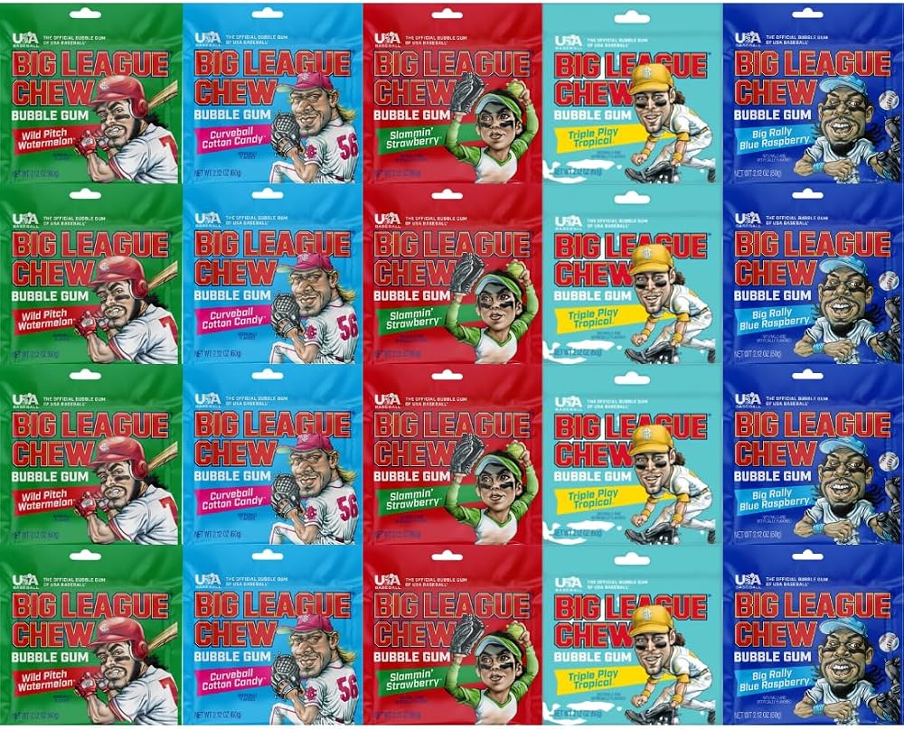 Variety Pack Big League Chew Bubble Gum 20 Count, Individually Wrapped Chewing Gum for Kids & Adults, Soft Shredded Gum Bags, Bulk Pack for Parties, School Snacks