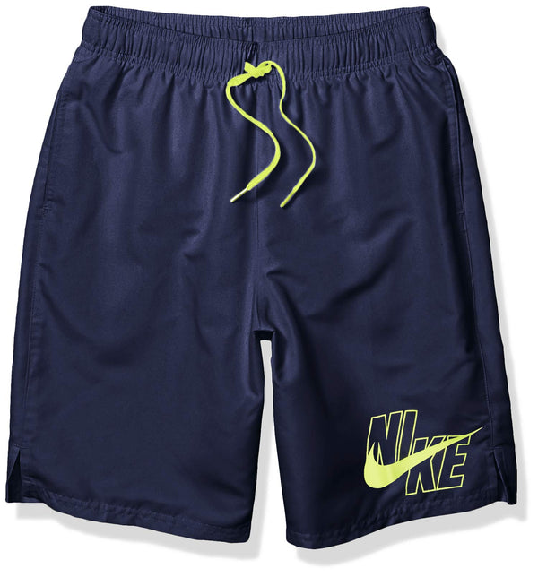 NIKE Swim Men's Standard Logo Solid Lap 9" Volley Short Swim Trunk, Midnight Navy Volt, Medium