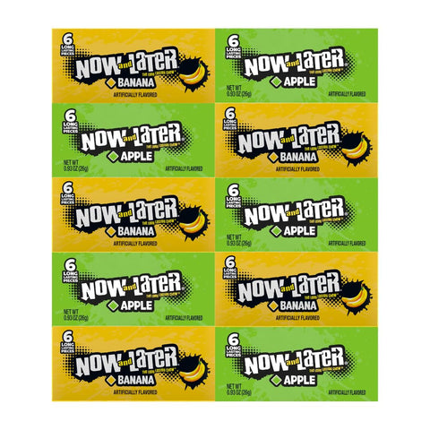 Variety Pack Now and Later Candy, 10 Individually Wrapped Pieces, Long-Lasting Chewy Candy, Includes 5 Apple & 5 Banana Flavors, Perfect for Snacking, Parties & Gifting, 0.93 oz Each Pack