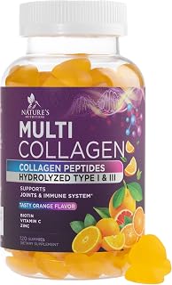 Collagen Gummies - Natural Hair Growth & Immune Support, Skin & Nails Supplement - With 2500mcg Biotin, Multi Collagen Hydrolyzed Peptides Type 1 & 3, Vitamin C & Zinc, Orange Flavor - 120 Gummies