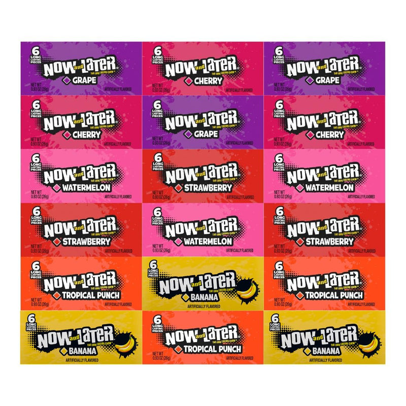 Variety Pack Candy Now and Later, 18-Pack, 3 Each of Watermelon, Strawberry, Tropical Punch, Banana, Grape, Cherry, 0.93 oz, Individually Wrapped Chewy Fruit Flavored Treats