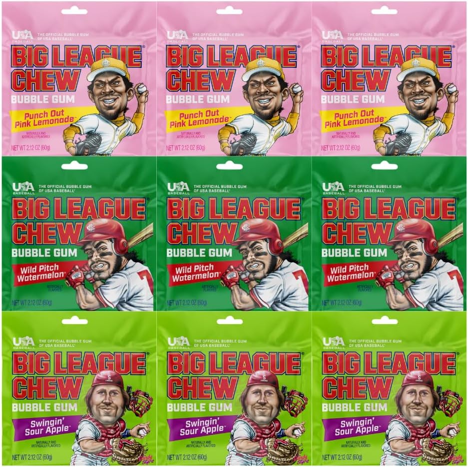 Variety Pack Big League Chew Bubble Gum, 2.12 oz, 9 Pack - Soft Shredded Chewing Gum, Variety Pack Candy, Bulk Bubble Gum for Kids, Sports Fans, Parties & Gifts