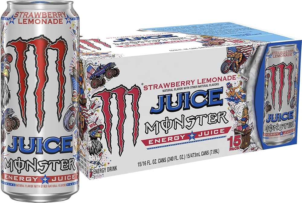 Monster Energy Juice Strawberry Lemonade, Energy + Juice, Energy Drink, 16 Ounce (Pack of 15)