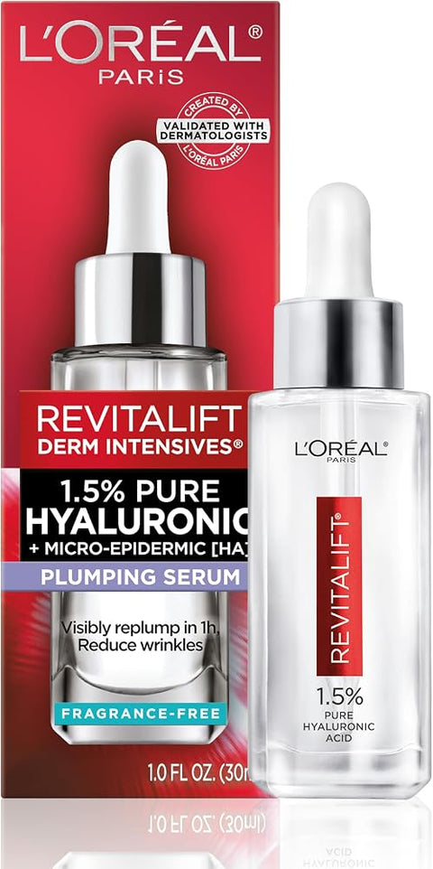 L'Oreal Paris Revitalift 1.5% Pure Hyaluronic Acid Serum for Face, Anti Aging Serum to Hydrate Skin & Reduce Wrinkles, Fragrance Free Skin Care for All Skin Types, 1 Oz