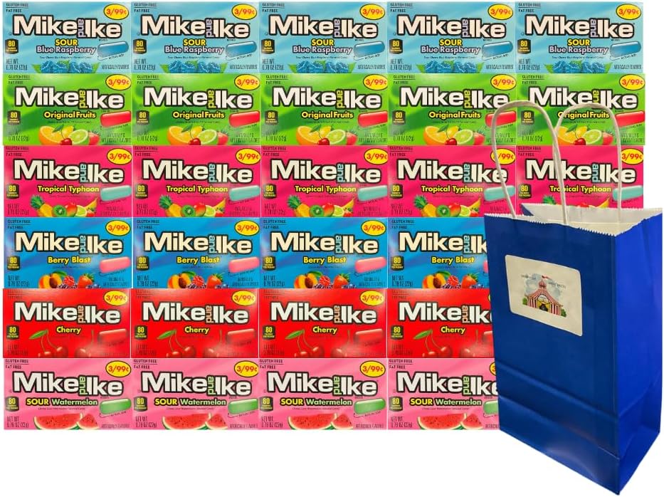 Variety Pack Mike and Ike Candy 30 Count – Chewy Fruity Candy, 5 Each Of 6 Flavors, 0.78 oz – Bulk Box with Blue Paper Treat Bag 5.25x3.2x8 Inches