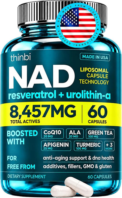 Thinbi Liposomal NAD+ Supplement with Resveratrol & CoQ10, 60 Count