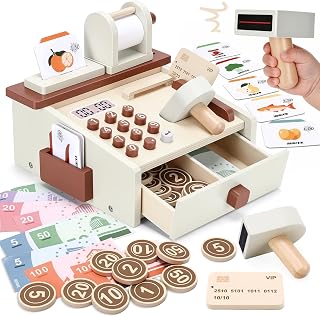 Cash Register for Kids, Wooden Montessori Toys for 2 3 4 Year Old Gifts Educational Learning Resources Toys | Play Money Toy Till with Scanner | Role Play Preschool Toys