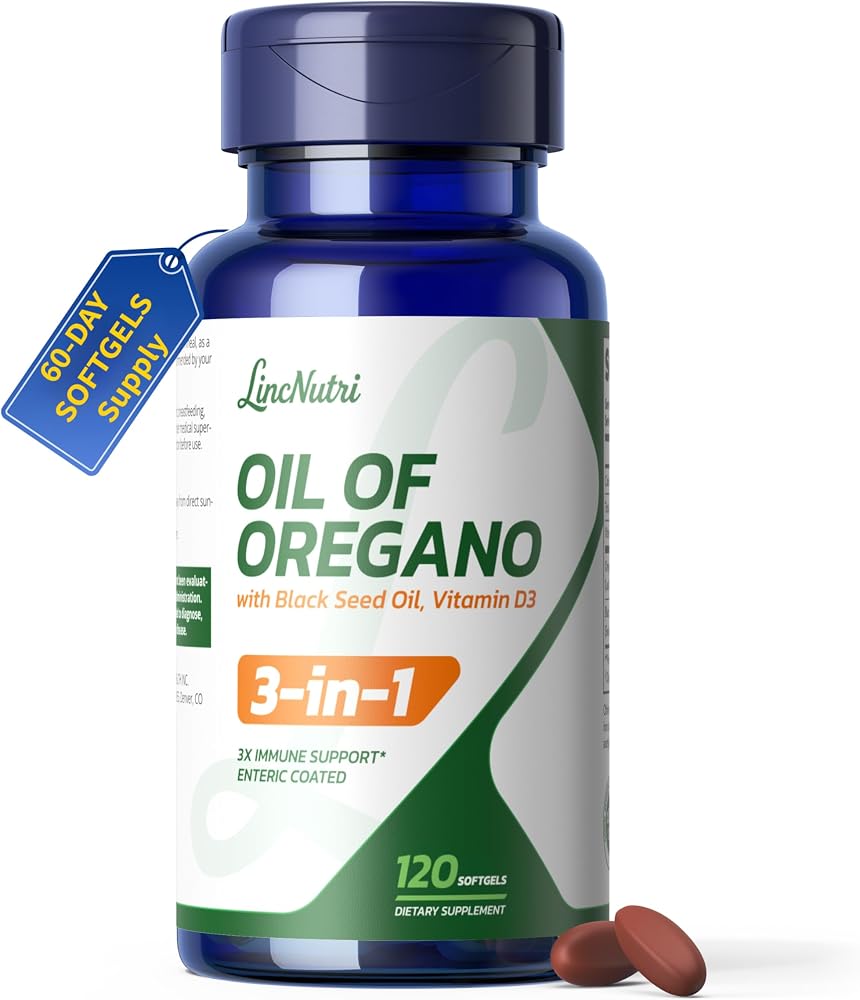 LincNutri Oil of Oregano with Black Seed Oil & Vitamin D3, 120 Softgels